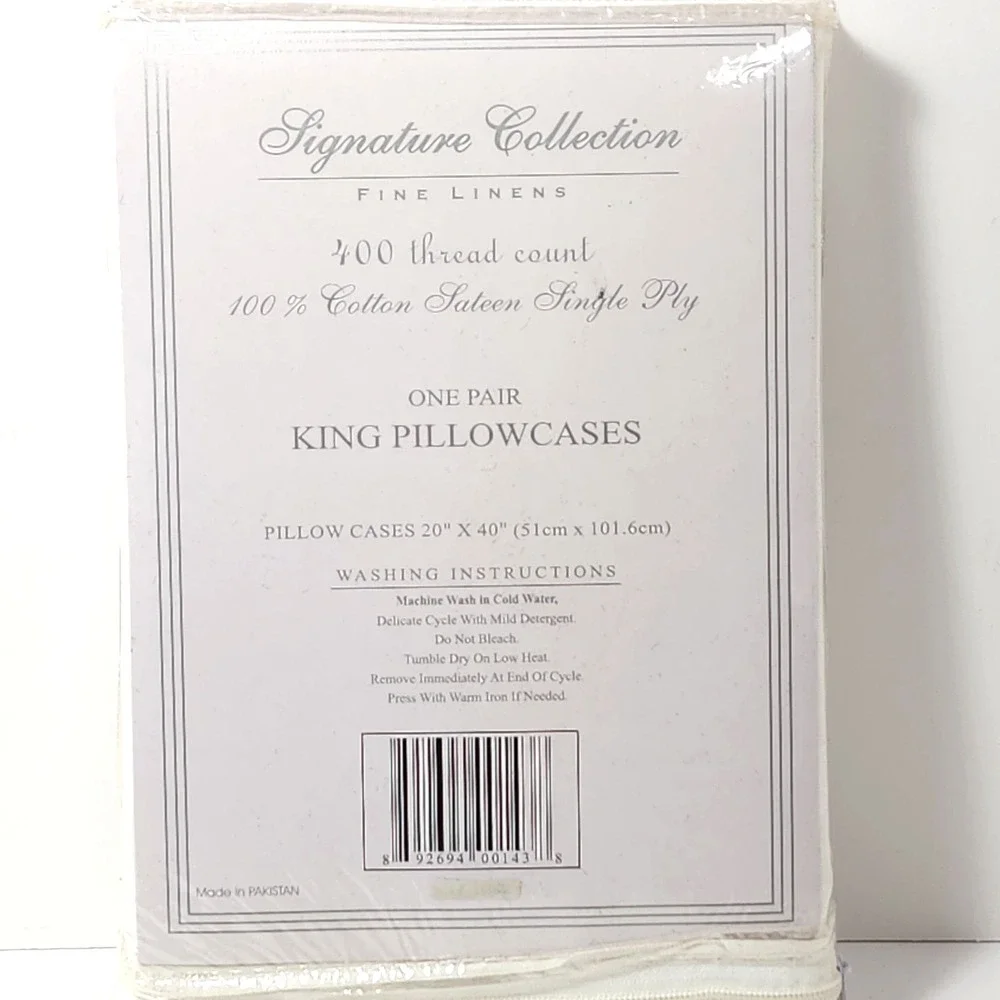 Signature‎ Collection Fine Linens King PillowCases Cotton Sateen 400 tc. 1-Pair
